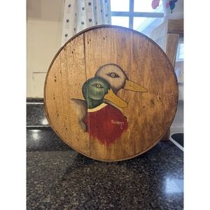 Vintage Primitive Wood Round Cheese Box Painted Ducks "Sullens" Cottage Core